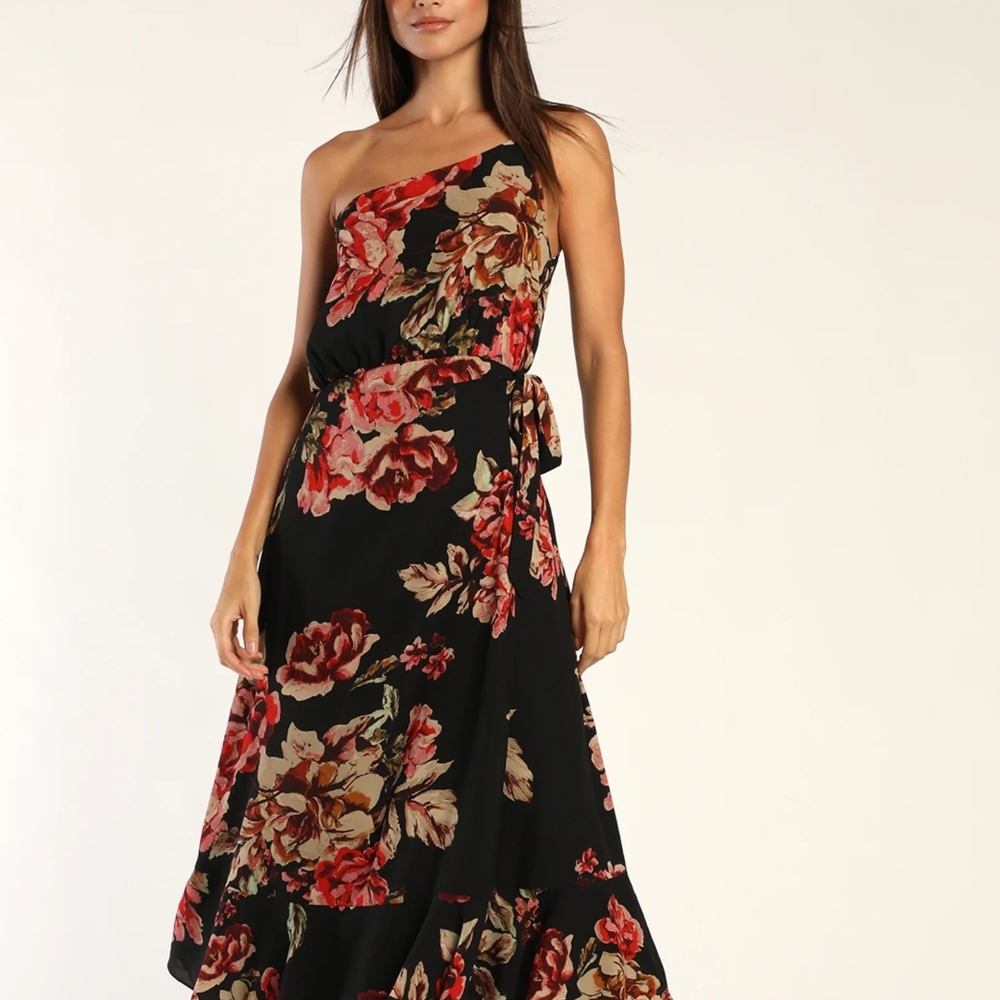 Lulu's Black Floral One-Shoulder Dress